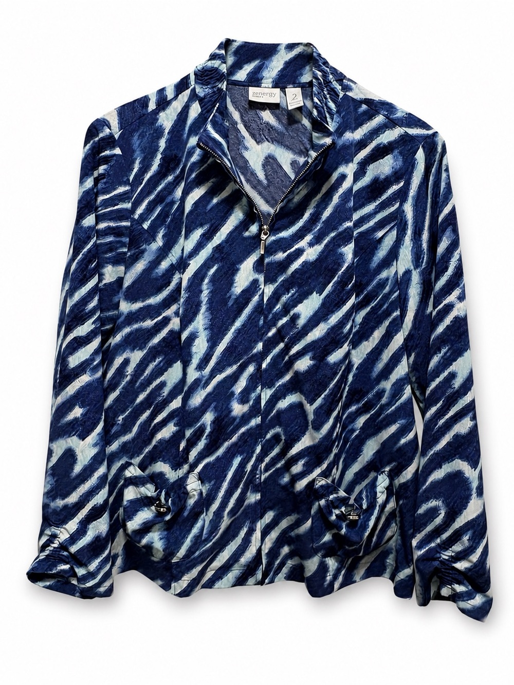 Chico’s Zenergy Neema Full Zip Jacket Size 2 Large Blue Watercolor Zebra Print